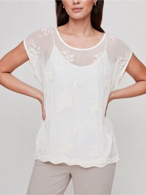 Angela Moda Made in Italy Silk Blend Embroidered Floral Top | Size L